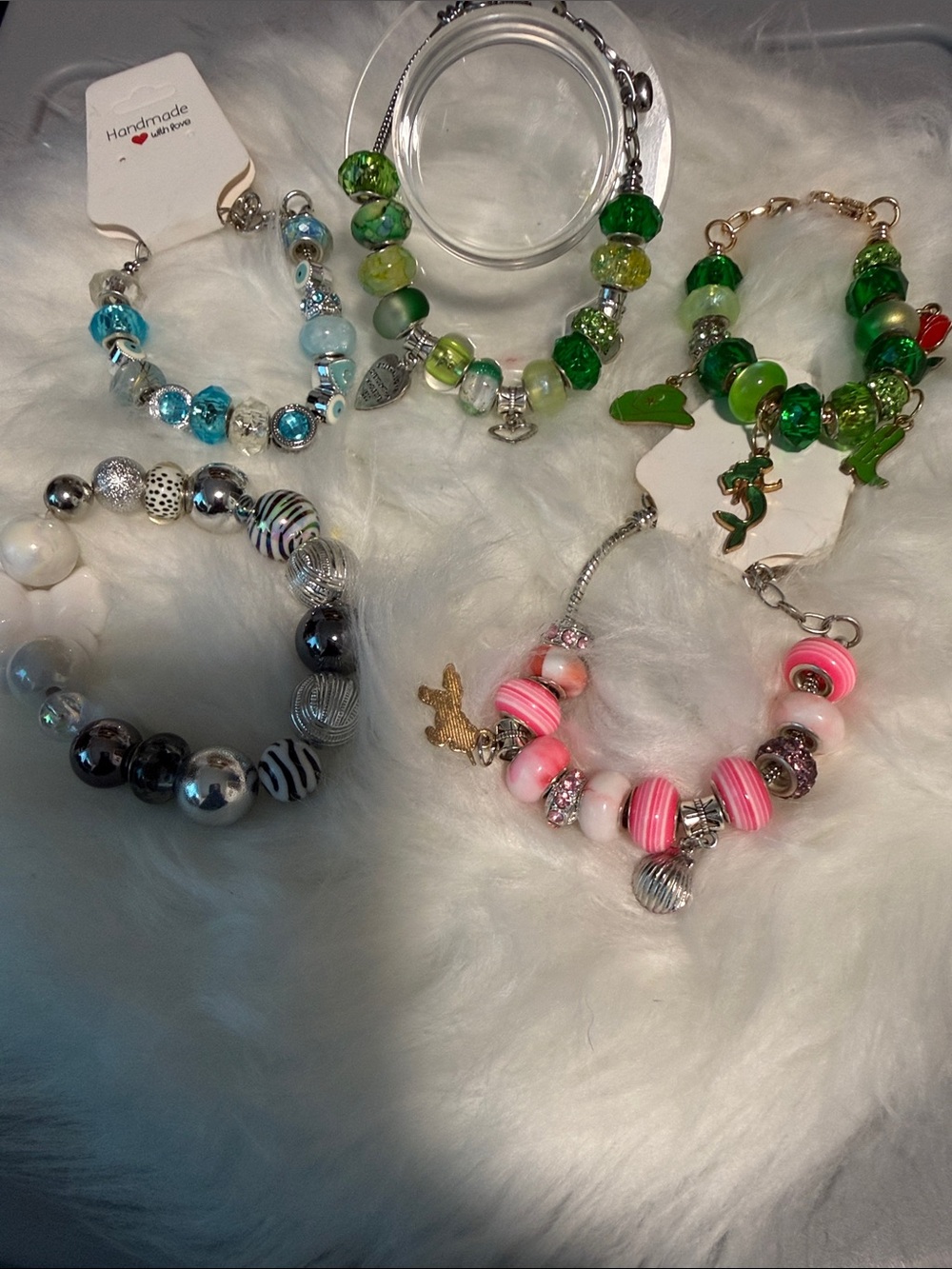 Colorful Beaded Bracelet Lot — Green, Turquoise, Pink, Silver